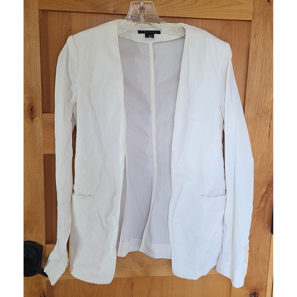 Theory Sz 4 White Linen Blend Tailored Open Front Blazer Minimalist Quiet Luxury